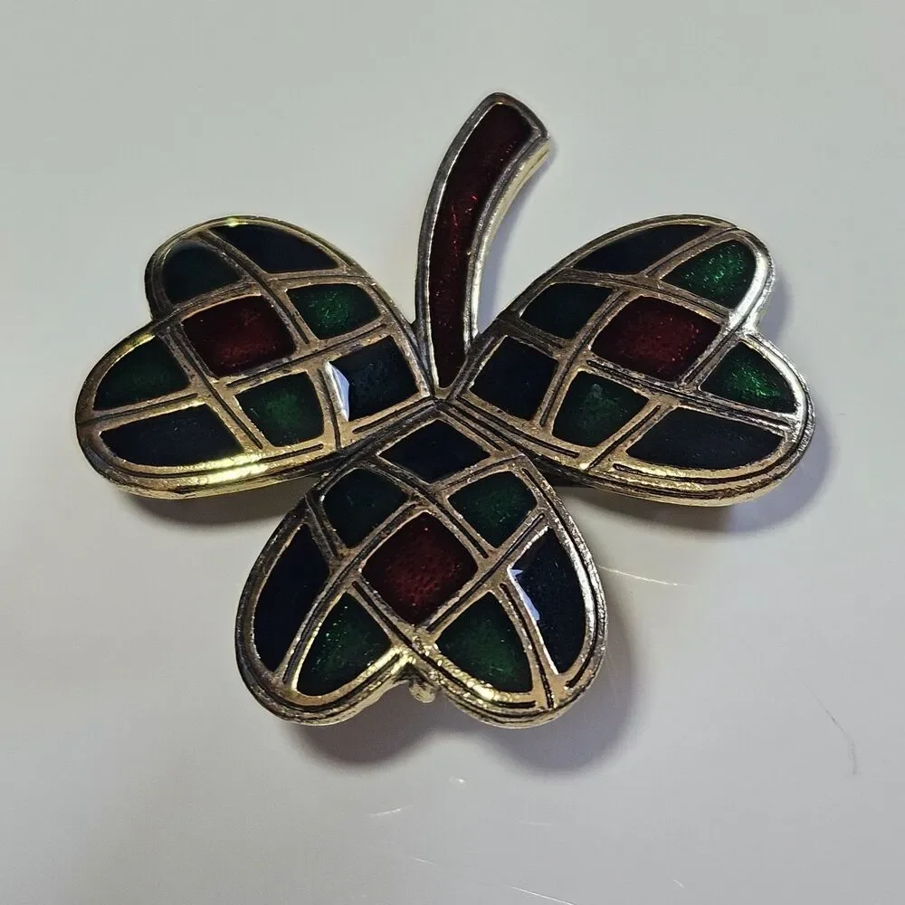 Vintage Sol D'or Heart Shamrock Red Green Blue Enameled Celtic Brooch Pendant